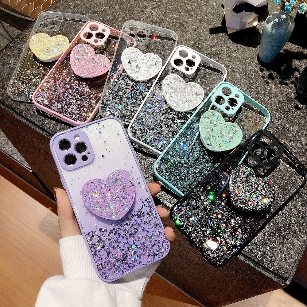 Buy 1 Get 1 Free Sequins Glitter Case with Love Stand for iPhone